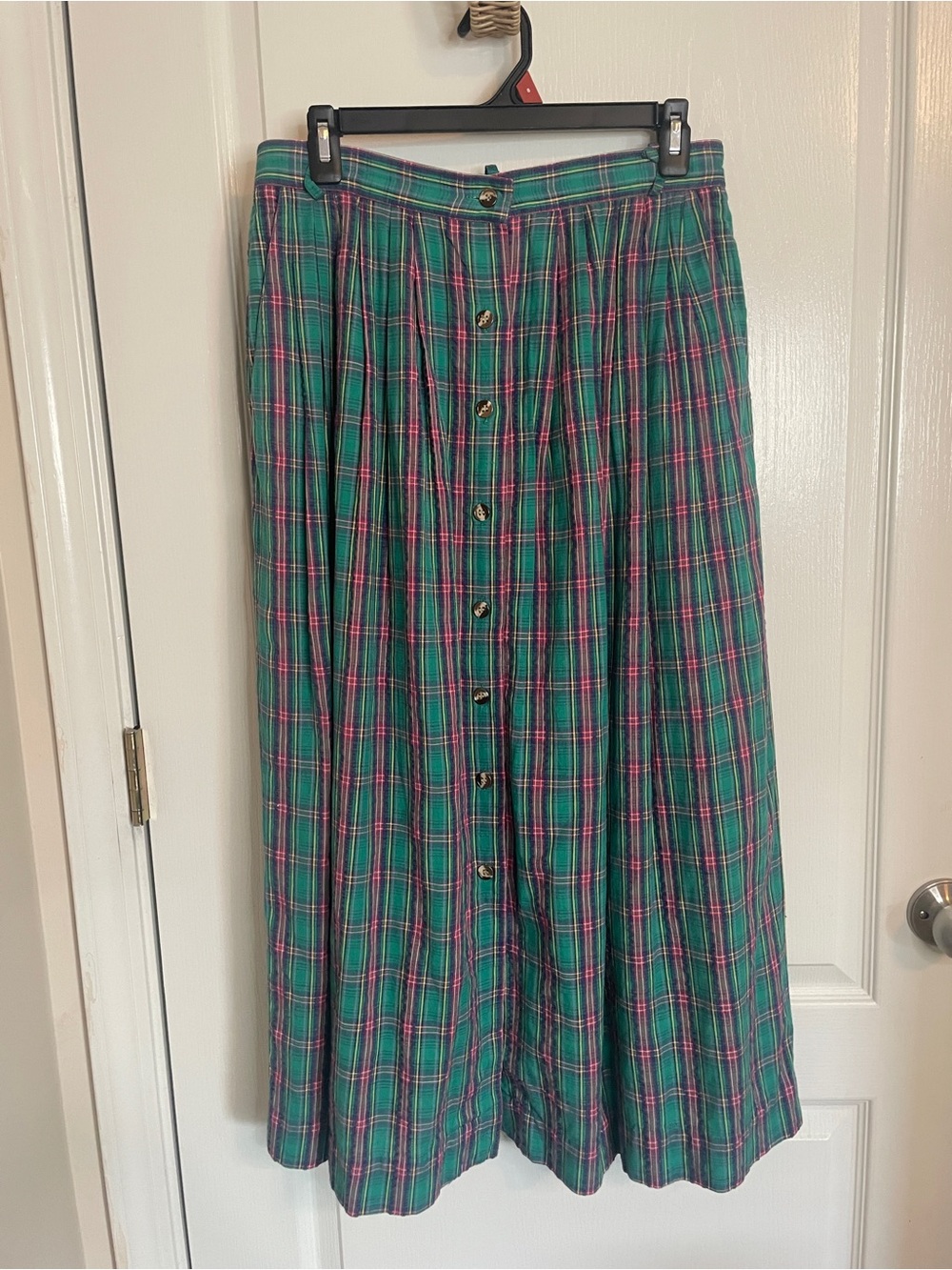 Vintage Susan Bristol Green and Pink Plaid Pleated Button-Front Maxi Skirt